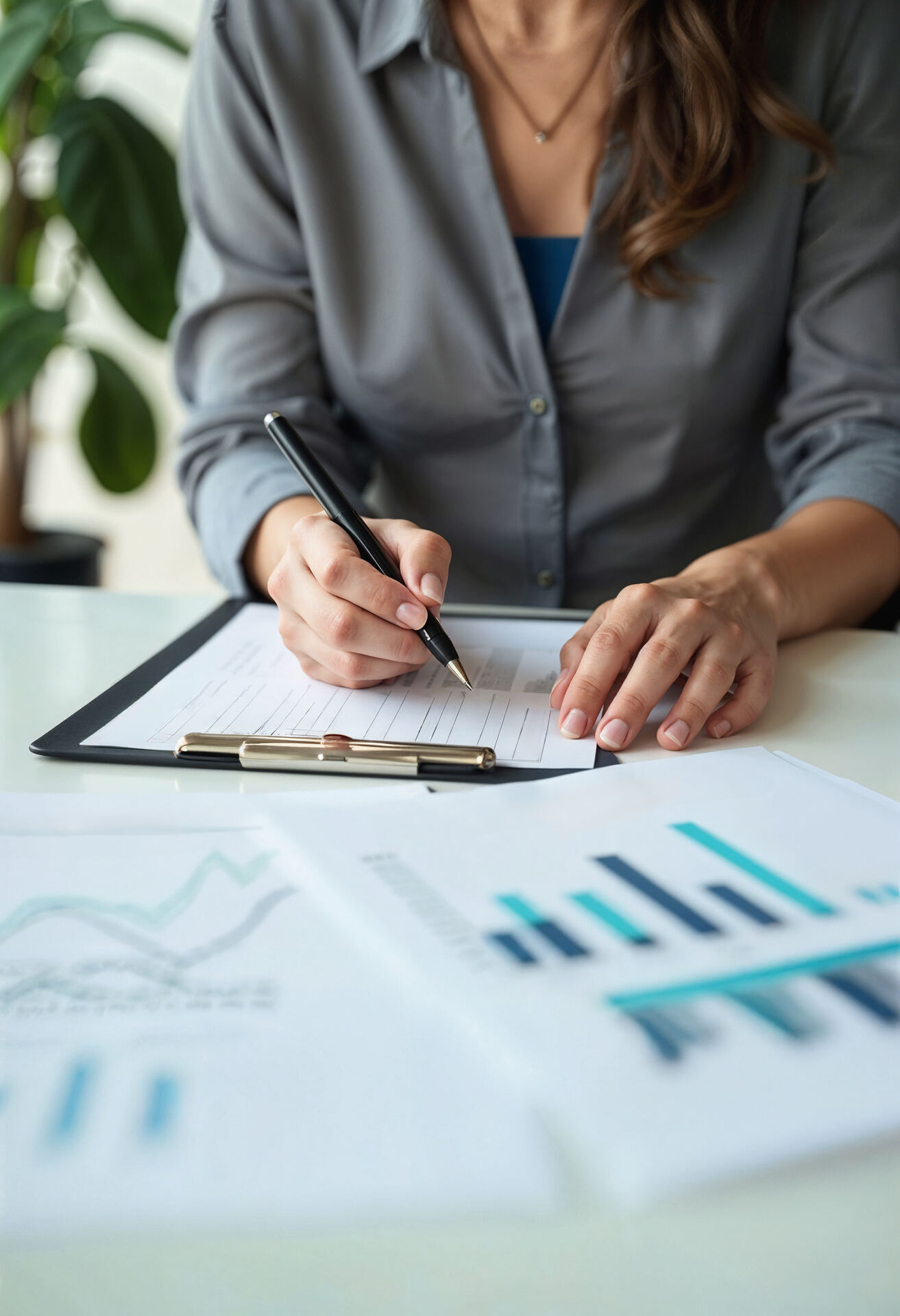 Contadora analisando relatórios financeiros